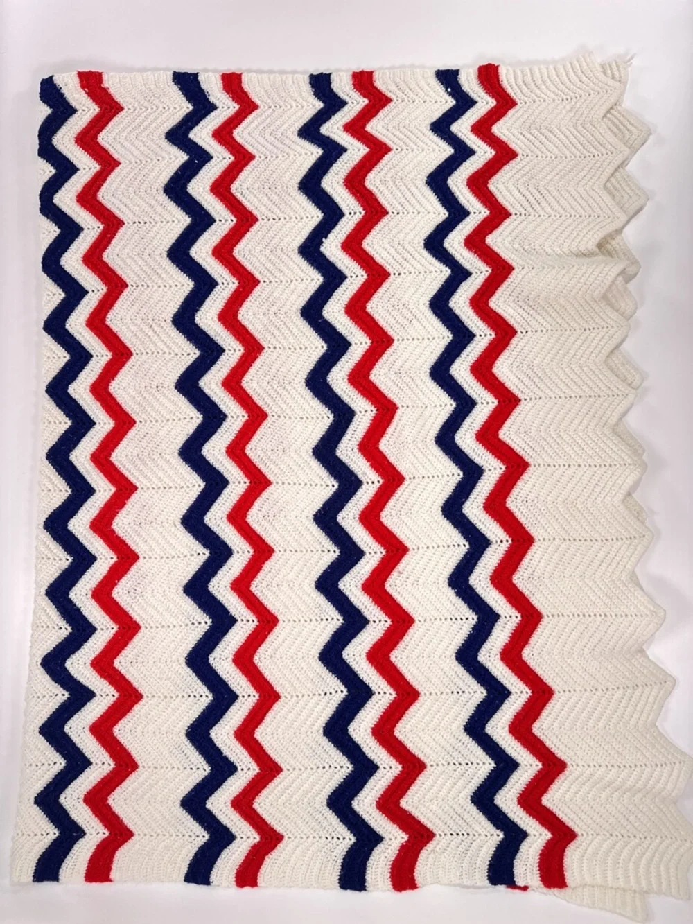 Handmade Red White Blue Chevron Crochet Afghan Blanket Throw 58x36